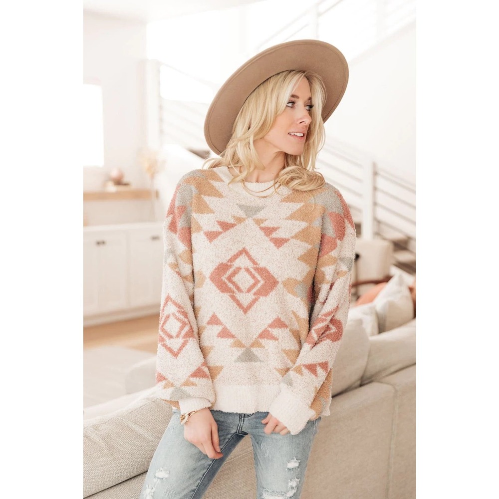 Chenille Print Sweater Women's Size M Cream Oversized Crew Neck Stretch